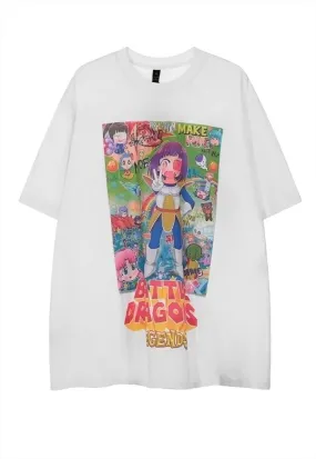 Anime print t-shirt Japanese tee girl retro top in white
