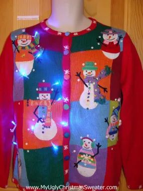 Tacky Colorful Blocks Light Up Christmas Sweater Snowmen Bling
