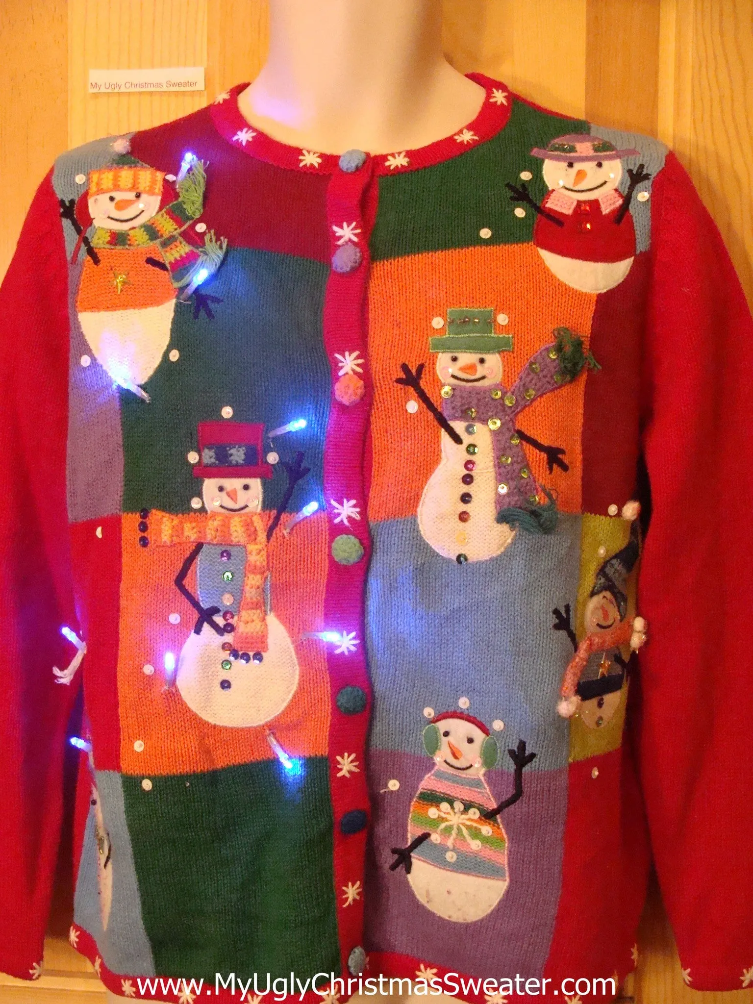 Tacky Colorful Blocks Light Up Christmas Sweater Snowmen Bling